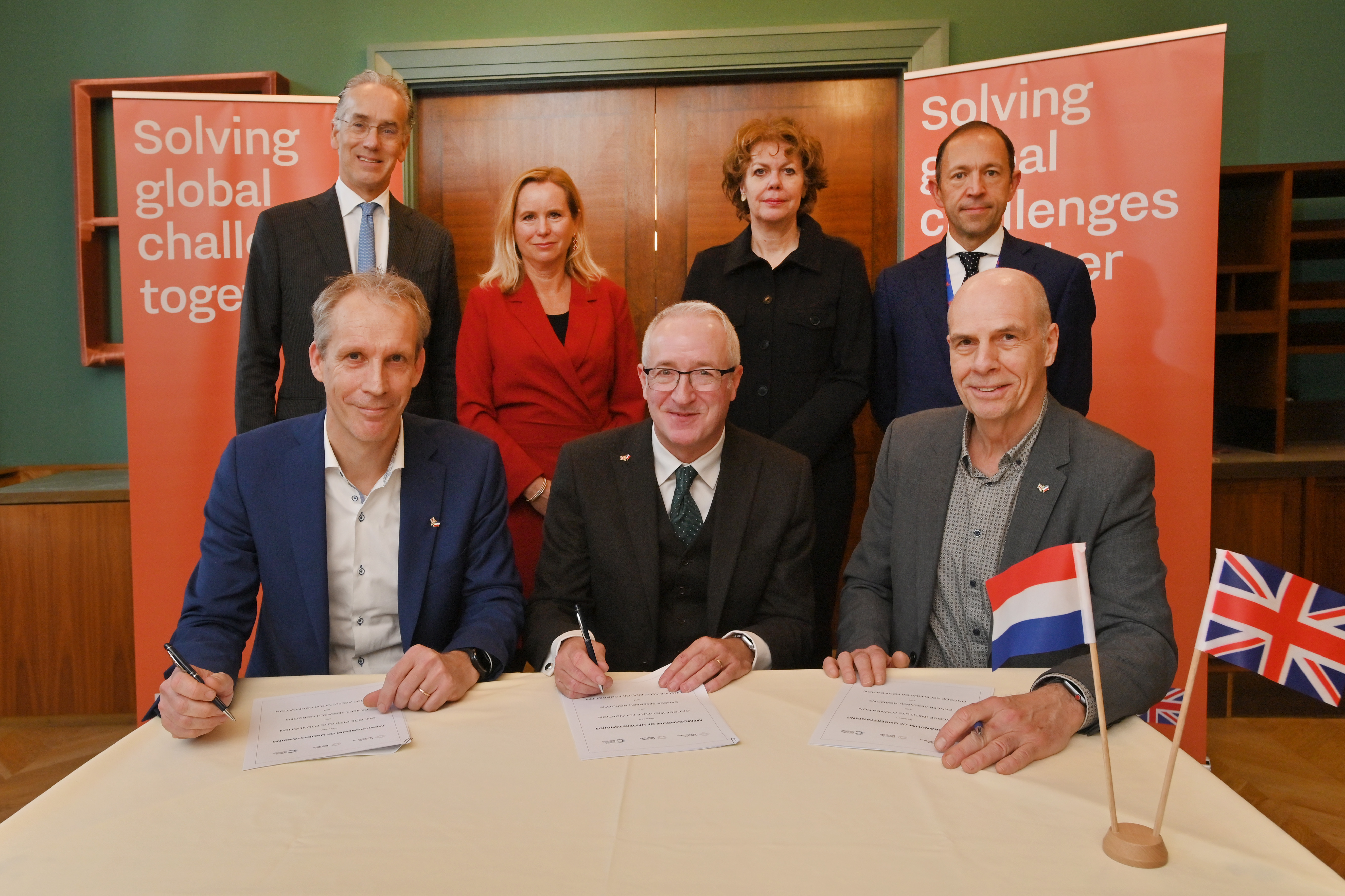 Pictured below:  Top row, left to right:  Ambassador Paul Huijts; Minister Reinette Klever; Ingrid Thijssen. President VNO-NCW; Simon Banham, Country Director, Department for Business and Trade Netherlands. Bottom row, left to right: Jan Paul Medema, Scientific Director and Head of Oncode Institute; Tony Hickson, Chief Business Officer of Cancer Research UK and Cancer Research Horizons; Mark Krul, Chief Scientific Officer of Oncode Accelerator Foundation